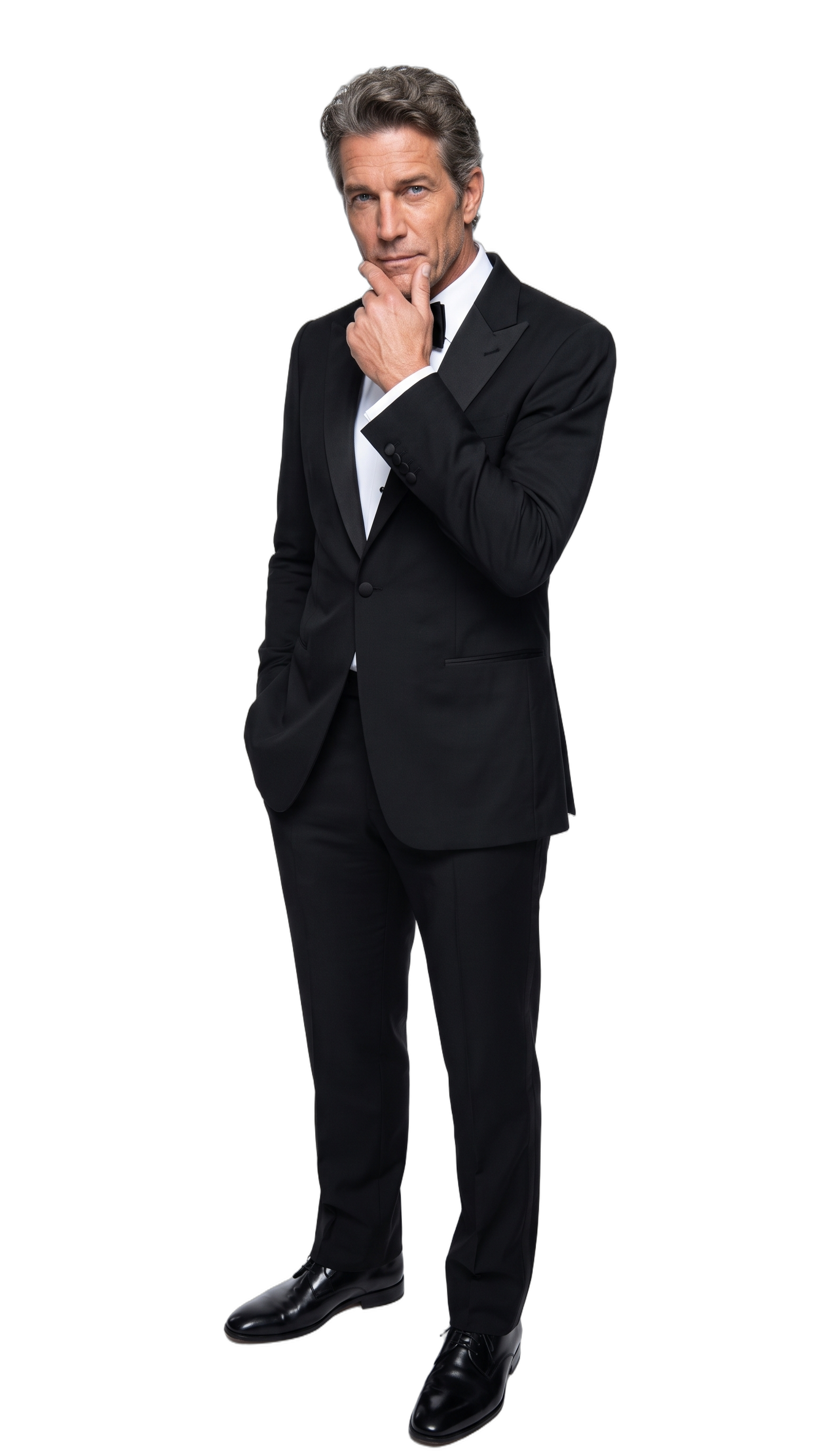 Alfred Pierce, standing in a black tuxedo